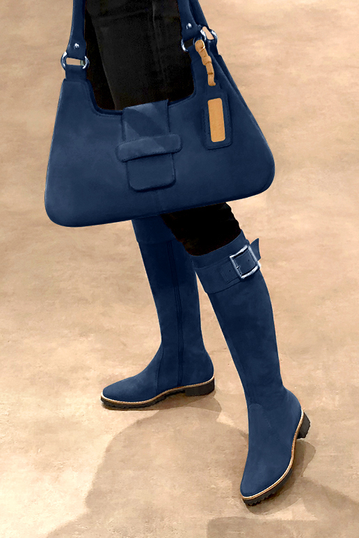 Navy blue women's riding knee-high boots. Round toe. Flat rubber soles. Made to measure. Worn view - Florence KOOIJMAN